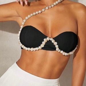 Black Pearl Embellished Strapless Top